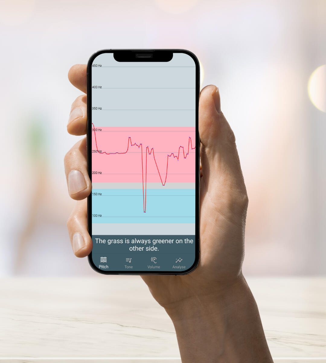 Image of a hand holding an iPhone using the Voice Tools application.